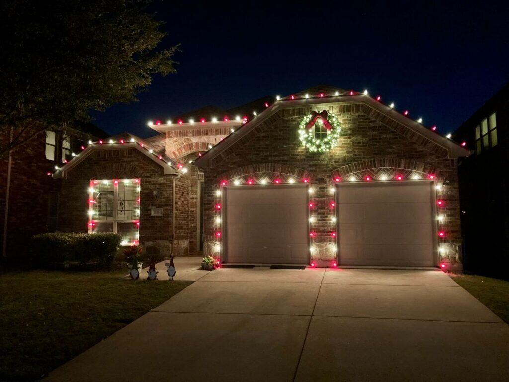 Festively decorated house with lights