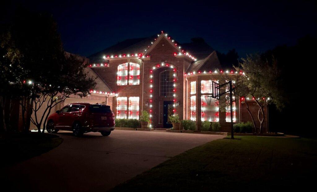 House decorated with festive lights